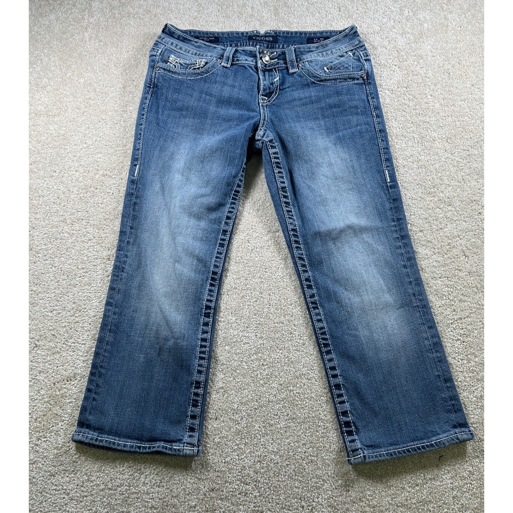Vigoss The New York Capri 5/6‎ Blue Denim Jeans 21 Long Thick Stitch Embellished